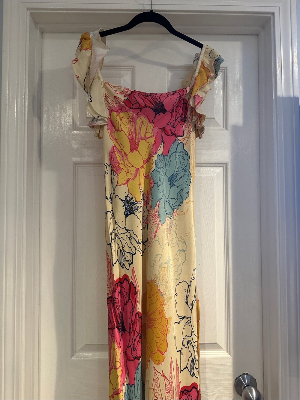 Anthropologie Floral Maxi Dress in Cream with Pink, Yellow, Blue Accents